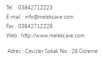 Melek Cave Hotel iletiim bilgileri